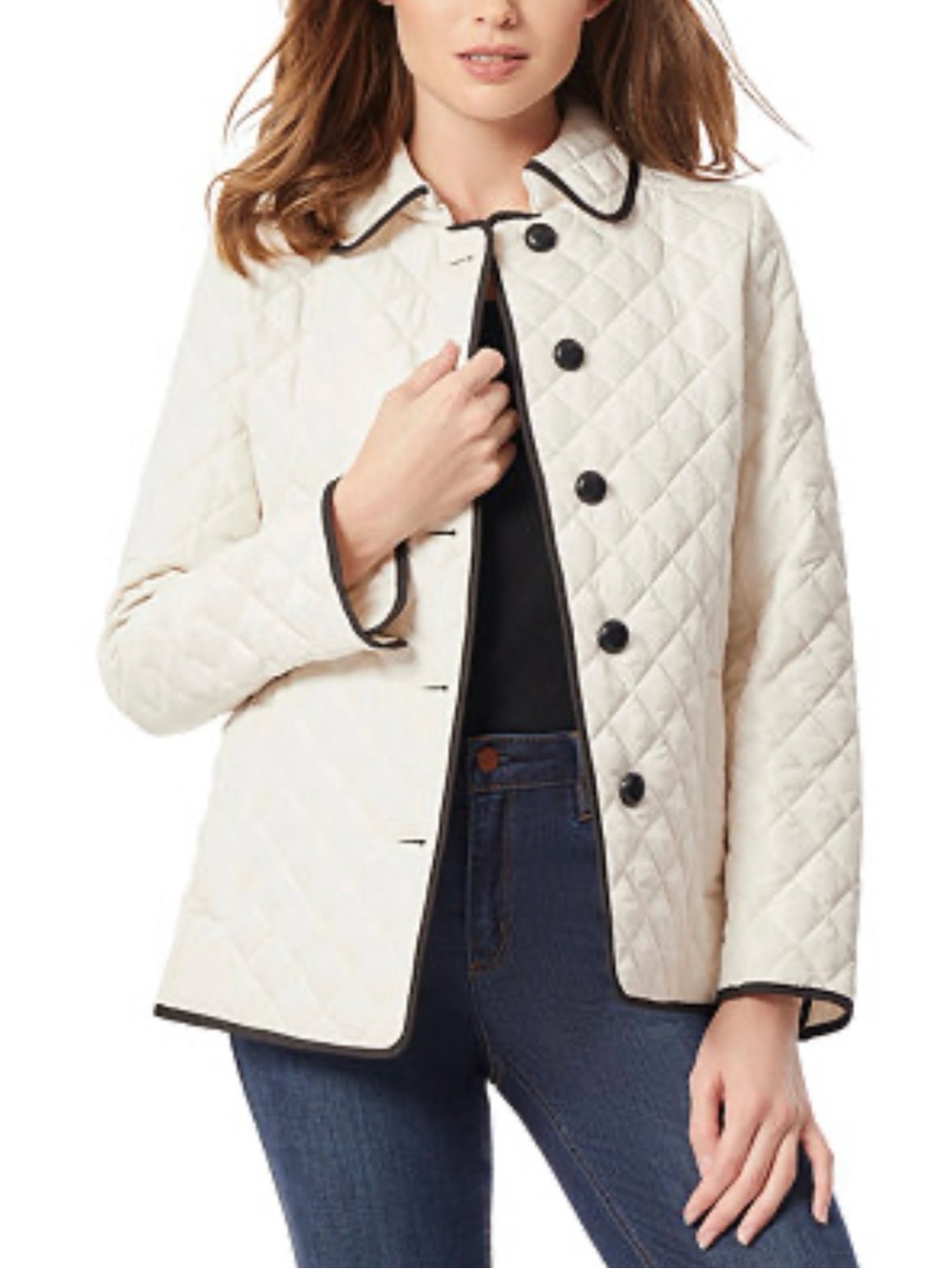 Jones New York Cream Quilted Jacket with Black Trim Size Large